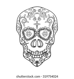 Mexican sugar skull for the Day Of The Dead Skull. Vector tribal illustration.Black contour for coloring book page design.  
