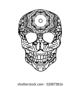 Mexican sugar skull for the Day Of The Dead Skull. Vector tribal illustration.Black contour for coloring book page design.  