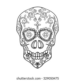Mexican sugar skull for the Day Of The Dead Skull. Vector tribal illustration.Black contour for coloring book page design.  