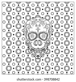 Mexican sugar skull for the Day Of The Dead Skull. Vector tribal illustration.Black contour for coloring book page design.
