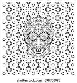 Mexican sugar skull for the Day Of The Dead Skull. Vector tribal illustration.Black contour for coloring book page design.