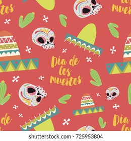 Mexican sugar skull, day of the dead or "Dia de muertos" seamless pattern. Vector illustration