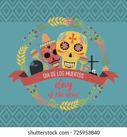 Mexican sugar skull, day of the dead or "Dia de muertos" poster. Vector illustration