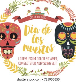 Mexican sugar skull, day of the dead or "Dia de muertos" poster. Vector illustration