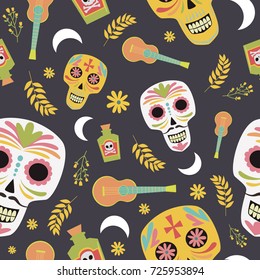 Mexican sugar skull, day of the dead or "Dia de muertos" seamless pattern. Vector illustration
