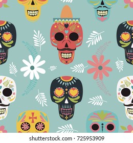 Mexican sugar skull, day of the dead or "Dia de muertos" seamless pattern. Vector illustration