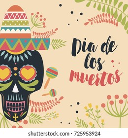 Mexican sugar skull, day of the dead or "Dia de muertos" poster. Vector illustration