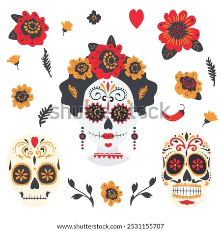 Mexican sugar skull. Day of the Dead Skull. Dia de los Muertos. Design element for logo, emblem, sign, poster, card, banner.