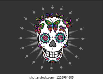 Mexican sugar skull, Dia de los Muertos whith butterfly