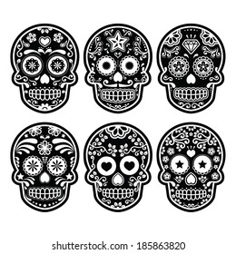 Mexican sugar skull, Dia de los Muertos black icons set