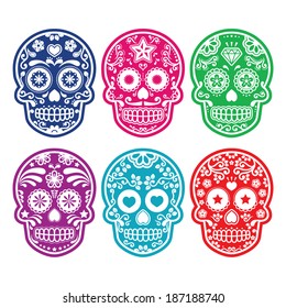 Mexican sugar skull, Dia de los Muertos colorful icons set