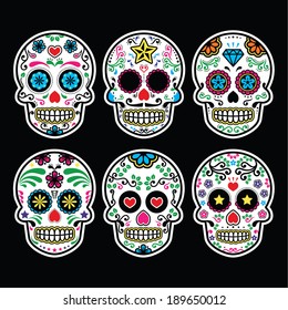 Mexican sugar skull, Dia de los Muertos icons set on black background