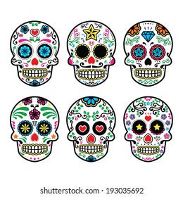 Mexican sugar skull, Dia de los Muertos icons set on white background 