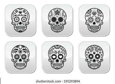 Mexican sugar skull, Dia de los Muertos buttons set