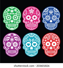 Mexican sugar skull, Dia de los Muertos colorful icons set on black 