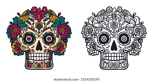 Mexican  sugar skull. Dia de los Muertos. Day of The Dead. Сartoon skull in retro style with flowers on a white background. Design element for logo, emblem, sign, poster, card, banner. 