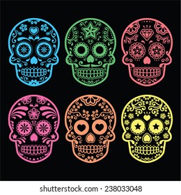 Calavera de azúcar mexicana, íconos del Día de los Muertos en negro 