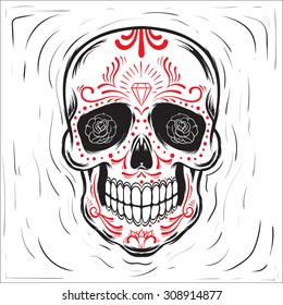 Mexican Sugar Skull. Dia De Los Muertos (Day Of The Dead) Block Print Effect Illustration.