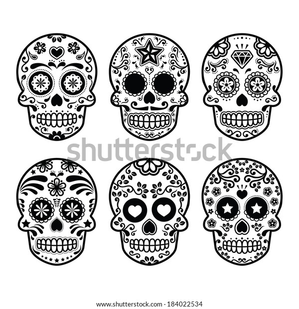 Mexican sugar\
skull, Dia de los Muertos icons set\
