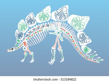 Mexican sugar skull dinosaur, Stegosaurus dinosaur skeleton embellished