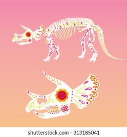 Mexican sugar skull dinosaur, Triceratops dinosaur skeleton embelished
