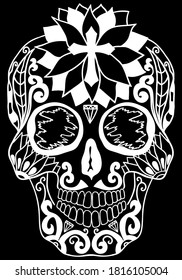 Mexican sugar skull  with floral design and cross. Design element for poster, card, print, emblem, sign, tattoo, t-shirt.  Black and white vector illustration for Day of the Dead Celebration Festival