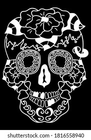 Mexican sugar skull  with floral design . Design element for poster, card, print, emblem, sign, tattoo, t-shirt.  Black and white vector illustration for Day of the Dead Celebration Festival