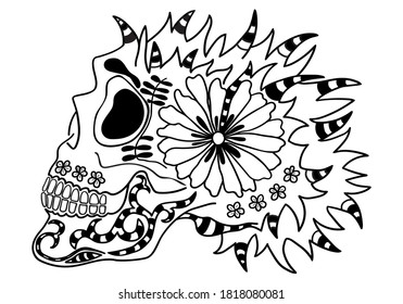 Mexican sugar skull  with floral design . Design element for poster, card, print, emblem, sign, tattoo, t-shirt.  Black and white vector illustration for Day of the Dead Celebration Festival