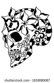 Mexican sugar skull  with floral design . Design element for poster, card, print, emblem, sign, tattoo, t-shirt.  Black and white vector illustration for Day of the Dead Celebration Festival