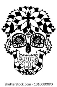 Mexican sugar skull  with floral design and cross. Design element for poster, card, print, emblem, sign, tattoo, t-shirt.  Black and white vector illustration for Day of the Dead Celebration Festival