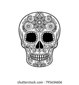 Mexican sugar skull with floral ornament, Day of the death black and white vector Illustration