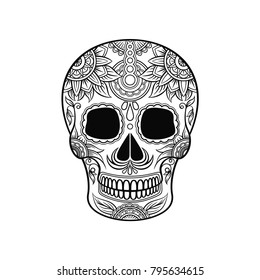 Mexican sugar skull with floral ornament, Day of the death black and white vector Illustration