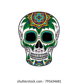 Mexican sugar skull with floral ornament, Dia de Muertos vector Illustration