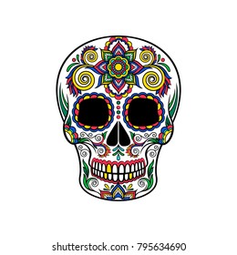 Mexican sugar skull with floral ornament, Day of the death vector Illustration