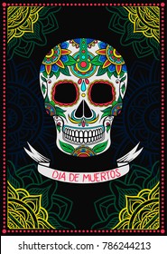 Mexican sugar skull with floral pattern, Dia de Muertos, design element for poster, greeting card vector Illustration