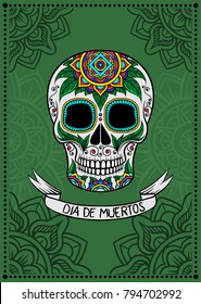 Mexican sugar skull with floral pattern, Dia de Muertos, design element for poster, greeting card vector Illustration on a green background