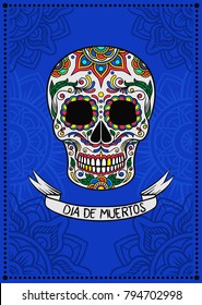 Mexican sugar skull with floral pattern, Dia de Muertos, design element for poster, greeting card vector Illustration on a electric blue background