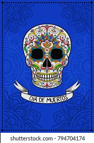 Mexican sugar skull with floral pattern, Dia de Muertos, design element for poster, greeting card vector Illustration