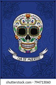 Mexican sugar skull with floral pattern, Dia de Muertos, design element for poster, greeting card vector Illustration