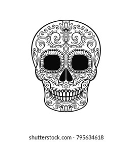 Mexican sugar skull with floral pattern, Dia de Muertos black and white vector Illustration