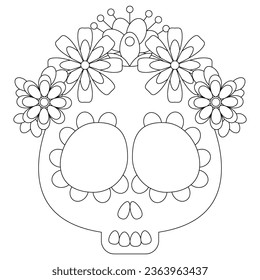 Mexican sugar skull with flowers coloring page