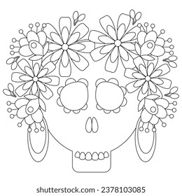 Mexican sugar skull with flowers coloring page