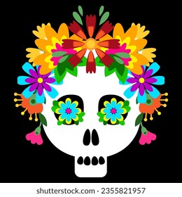 Mexican sugar skull with flowers on a black background