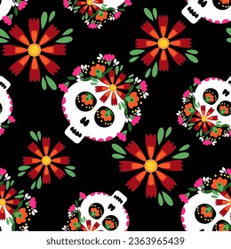 Mexican sugar skull with flowers seamless pattern on black background