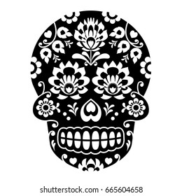 Mexican sugar skull, Halloween skull with flowers - Polish folk art Wycinanki style