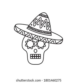 mexican sugar skull with hat icon over white background, line style, vector illustration