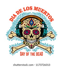 mexican sugar skull with headphones and crossbones. DAY OF THE DEAD. Design element for poster, greeting card, banner, t shirt, flyer, emblem. Vector illustration