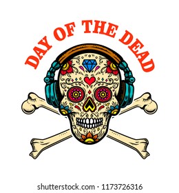 mexican sugar skull with headphones and crossbones. DAY OF THE DEAD. Design element for poster, greeting card, banner, t shirt, flyer, emblem. Vector illustration