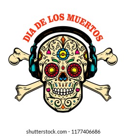 mexican sugar skull with headphones and crossbones. DAY OF THE DEAD. Design element for poster, greeting card, banner, t shirt, flyer, emblem. Vector illustration