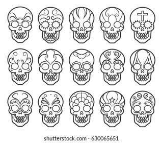 Mexican sugar skull icon set. Spooky day of the dead skulls vector icons for mexico carnival